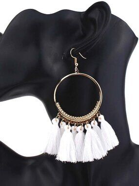 White Fashion Jewelry Bohemian Hoop Earrings Handmade Tassels